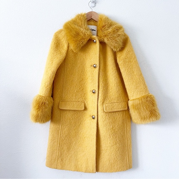 Kate Spade Fluffy Wool Faux Fur Trim Yellow Coat - Picture 4 of 10